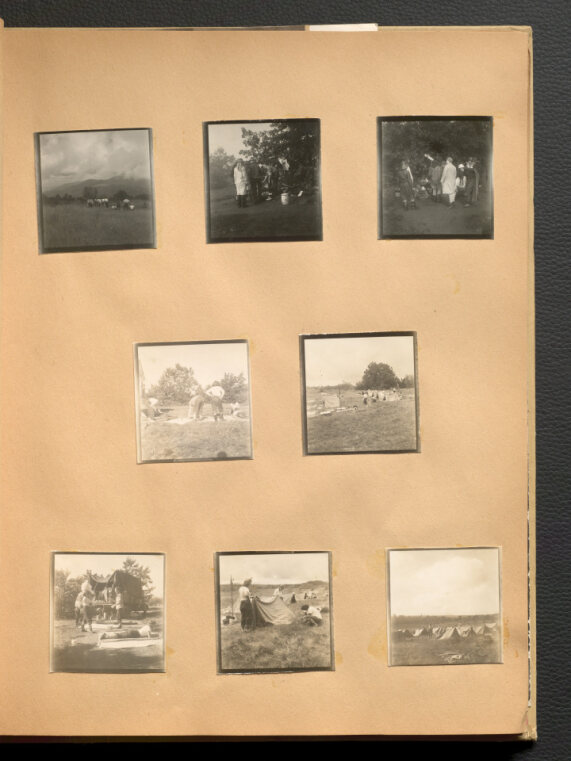 Page with eight photos on it. The photos show women working at camps and landscapes.