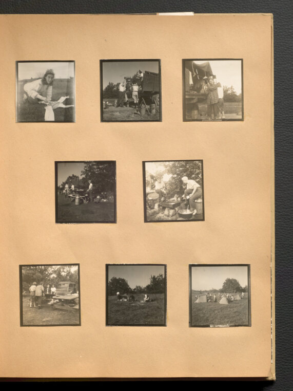 Page with eight photos on it. The photos show women working at camps.