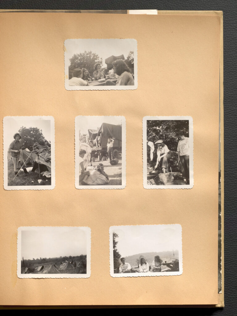 Page with six photos on it. The photos show women working at camps.
