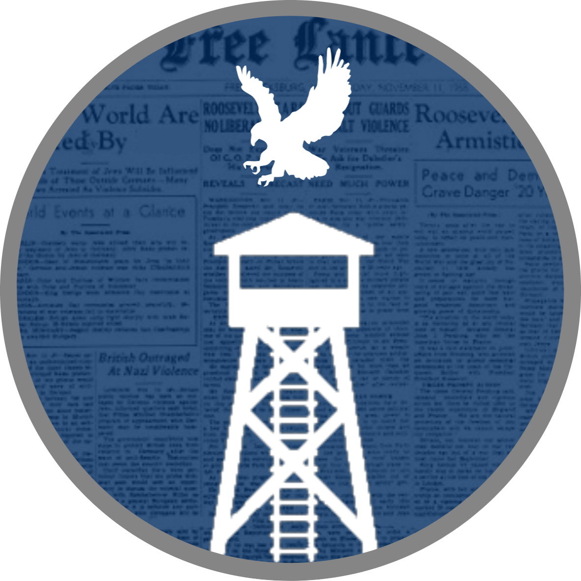 Blue circle with white silhouettes of a watch tower with an eagle flying overtop.