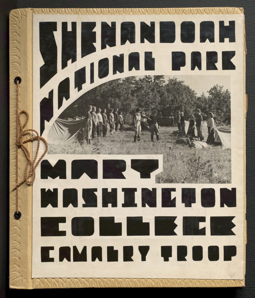 Page with the text "Shenandoah National Park Mary Washington College Calvary Troop." Interjecting between the text is a black and white image of woman standing in front of tents.