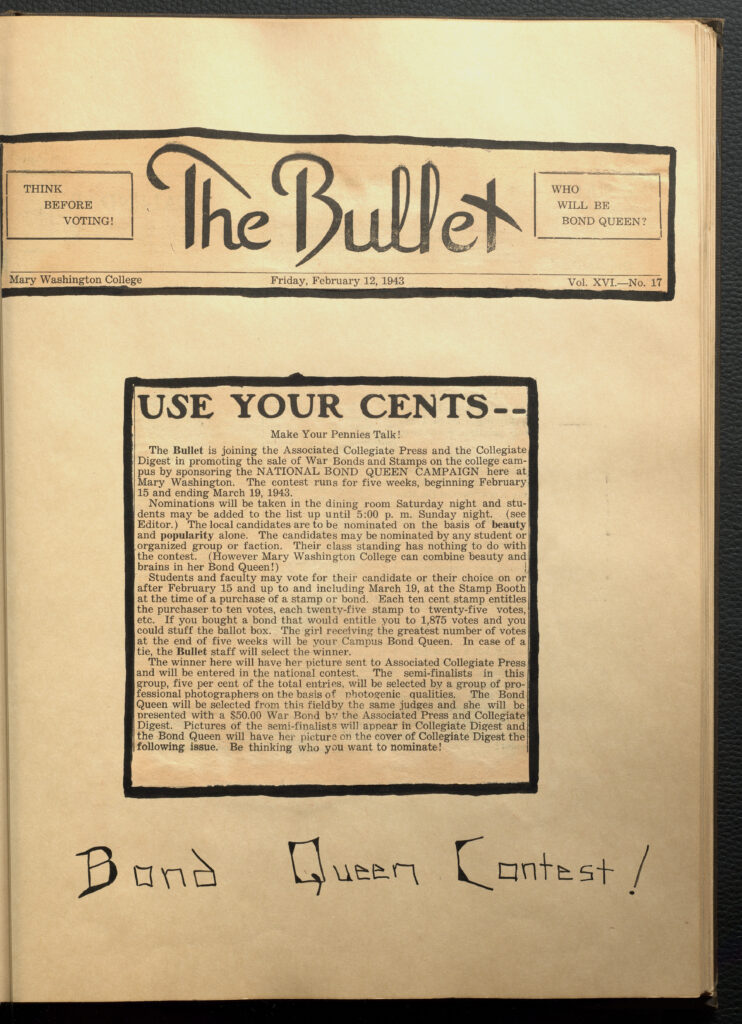 Page with two newspaper clippings from "The Bullet" with text underneath "Bond Queen Contest!"