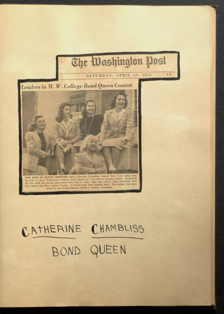 Page with a newspaper clipping from "The Washington Post" about MWC Bond Queen Contest. Clipping has an image of five women sitting next to one another. Underneath image is text "Catherin Chambliss Bond Queen."