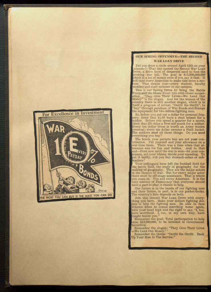 Page with newspaper clipping about the war loan drive.