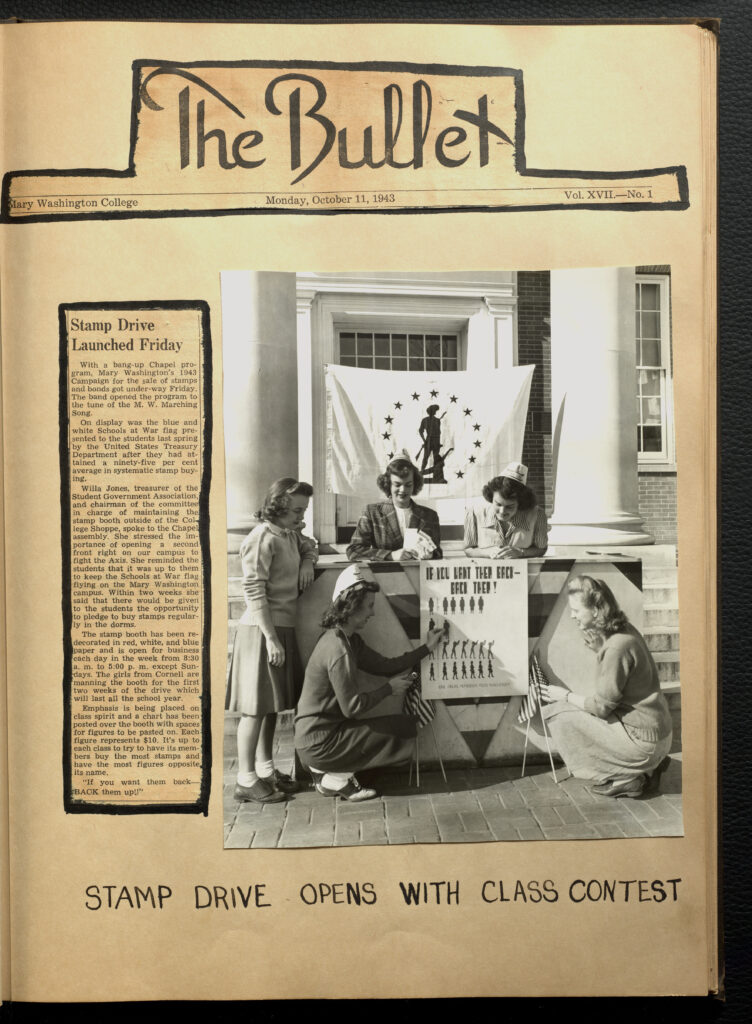Page with newspaper clipping from "The Bullet" about stamp drive. There is an image of five women putting up a booth with text underneath "Stamp Drive Open with Class Contest."