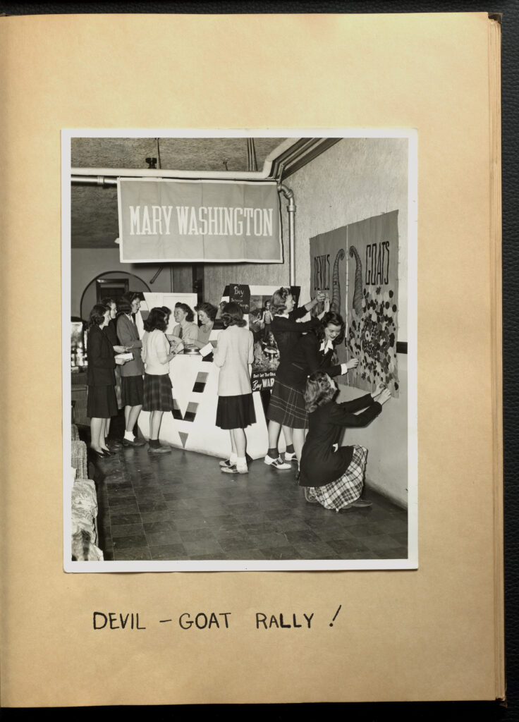 Page with an image of MWC student setting up a war bonds and stamp booth with the text "Devil-Goat Rally."