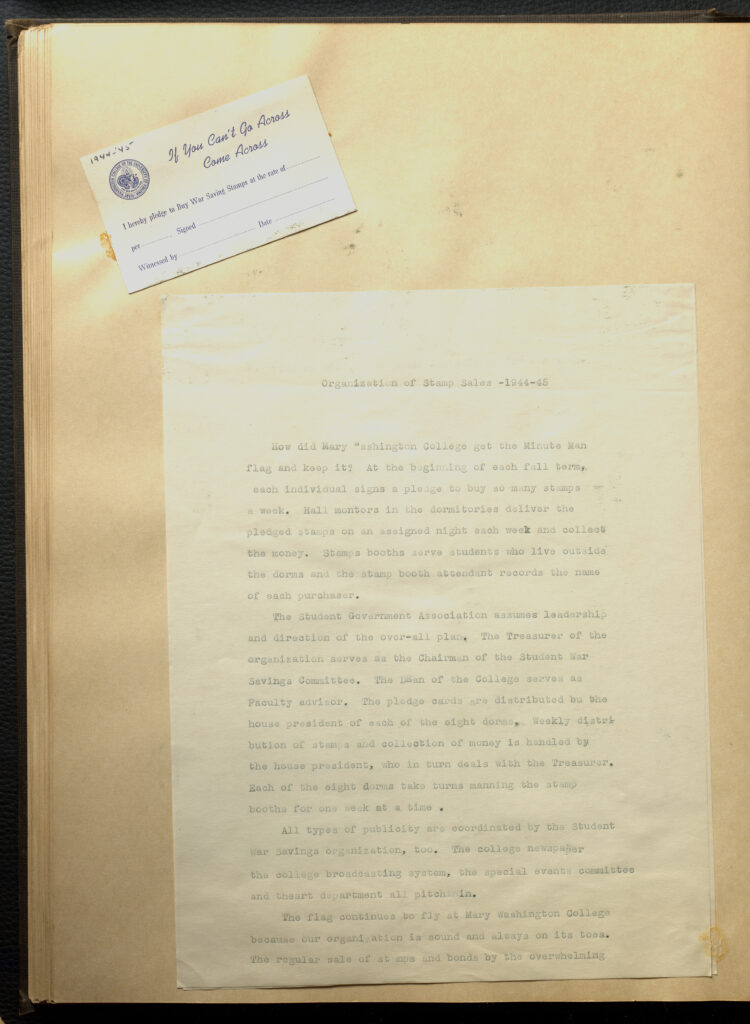 Page with a pledge card to buy war stamps and a report on stamp sales from 1944-45