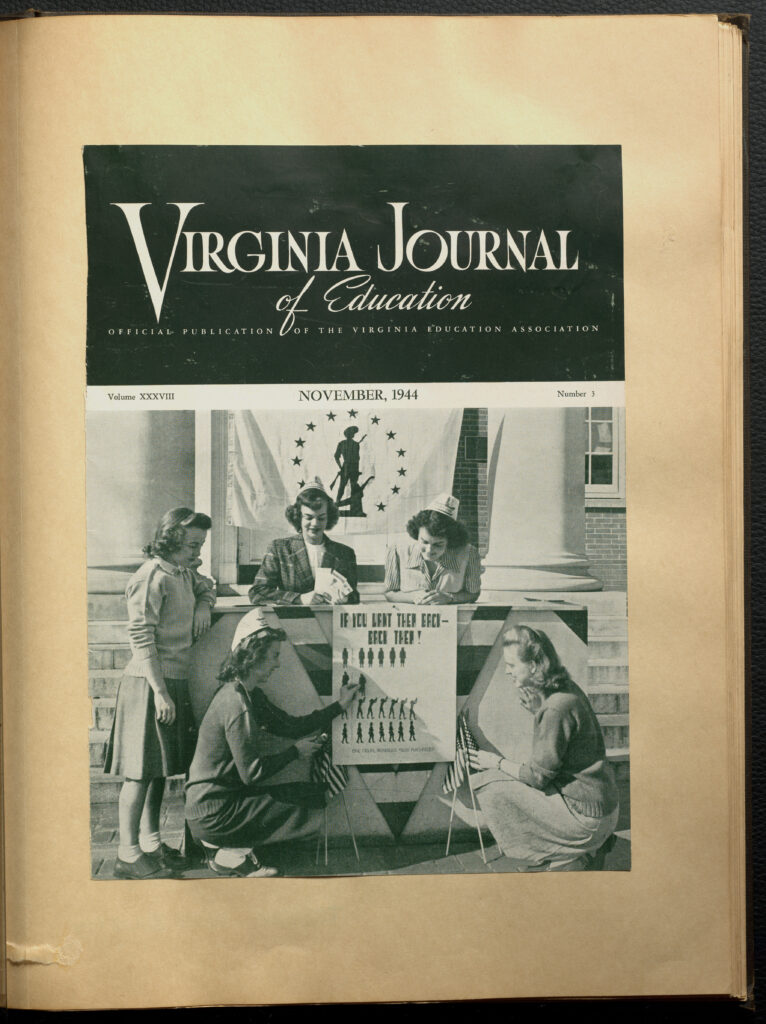 Page with the cover of "Virginia Journal of Education." The cover has an image of MWC students setting up a war stamps booth.