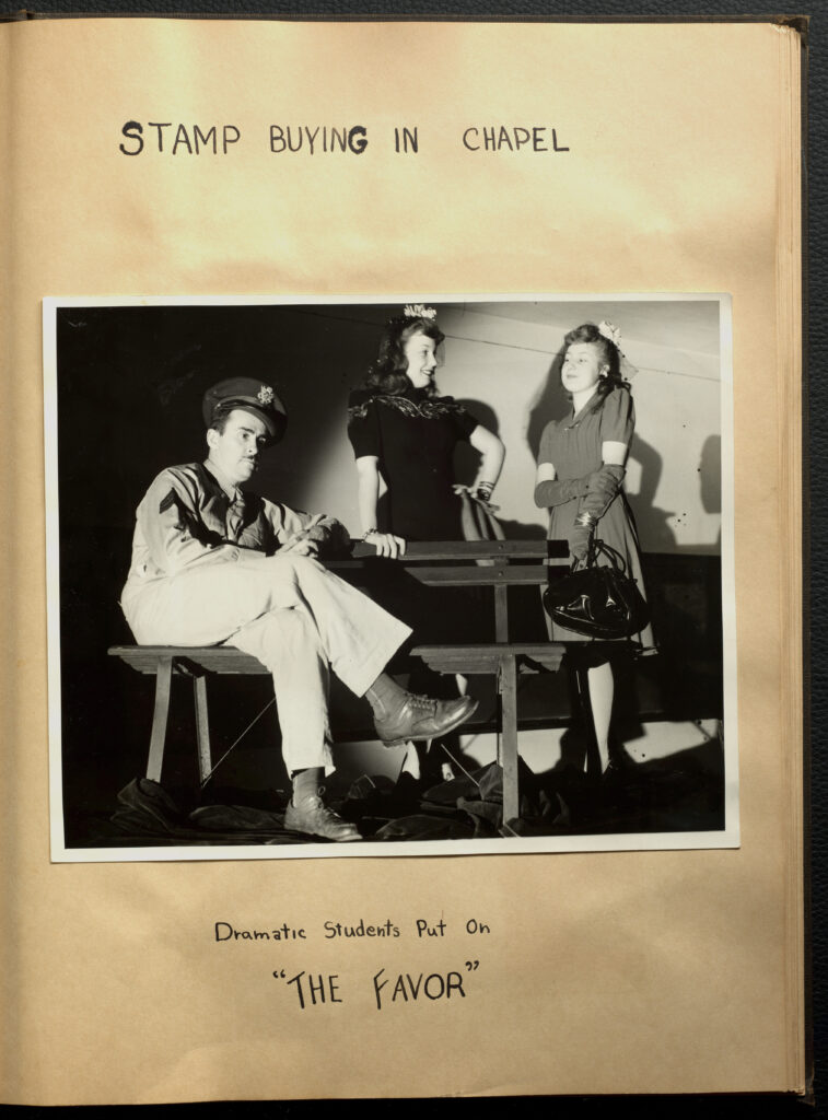 Page with text "Stamp Buying in Chapel," an image of three students performing with the text "Dramatic Students Put On 'The Favor.'"